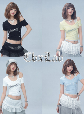 CBXLAB街舞潮牌夏季蕾丝拼接修身短袖甜酷落肩工装爵士跳舞上衣女