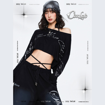 CBXLAB街舞潮牌黑色烫银慵懒辣妹显瘦罩衫爵士街头跳舞亲肤长袖女