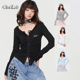 CBXLAB街舞潮牌简约褶皱辣妹修身收腰显瘦长袖性感木耳边按扣上衣
