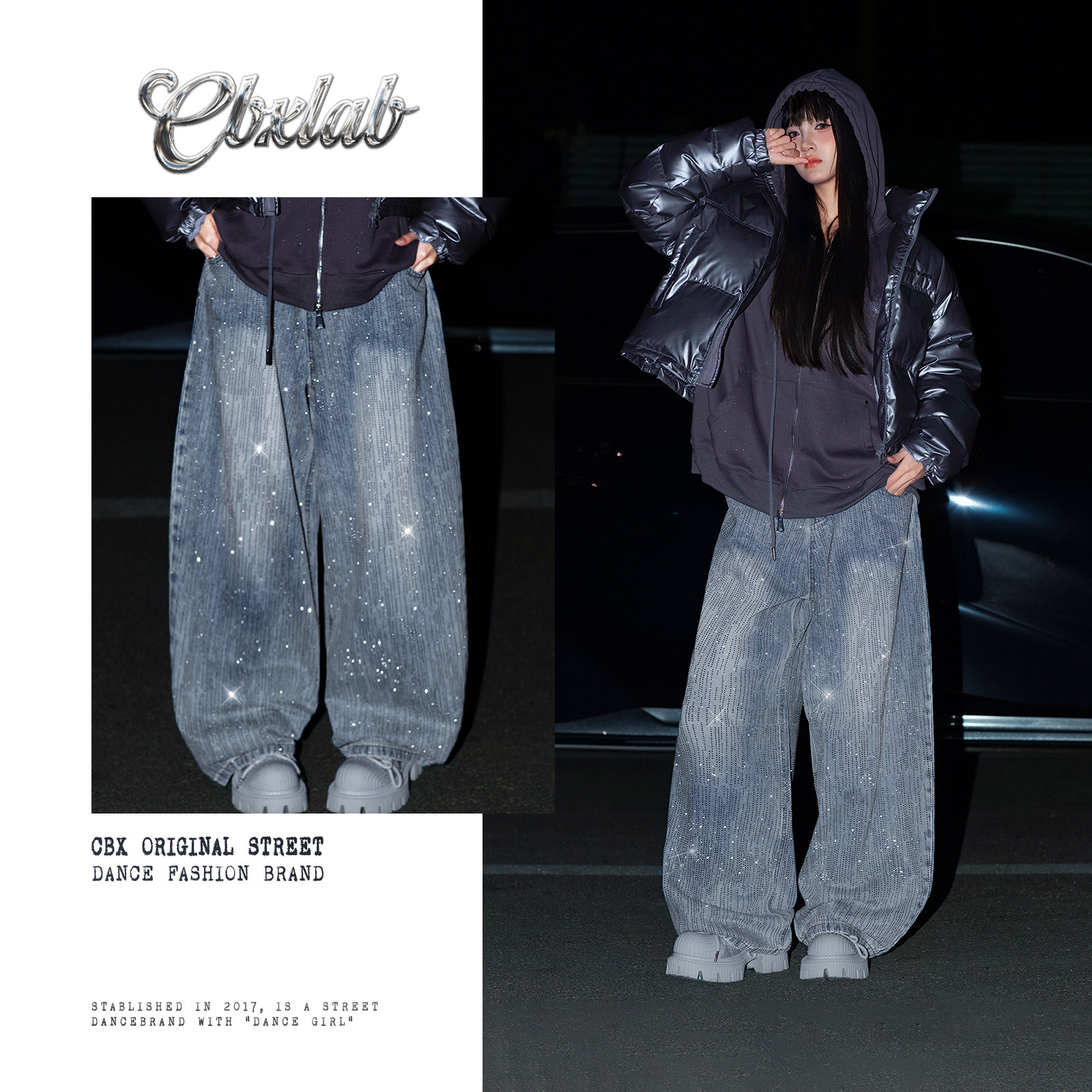 CBXLAB街舞潮牌"爆闪流星雨"辣妹赛博千禧牛仔裤美式个性休闲裤潮