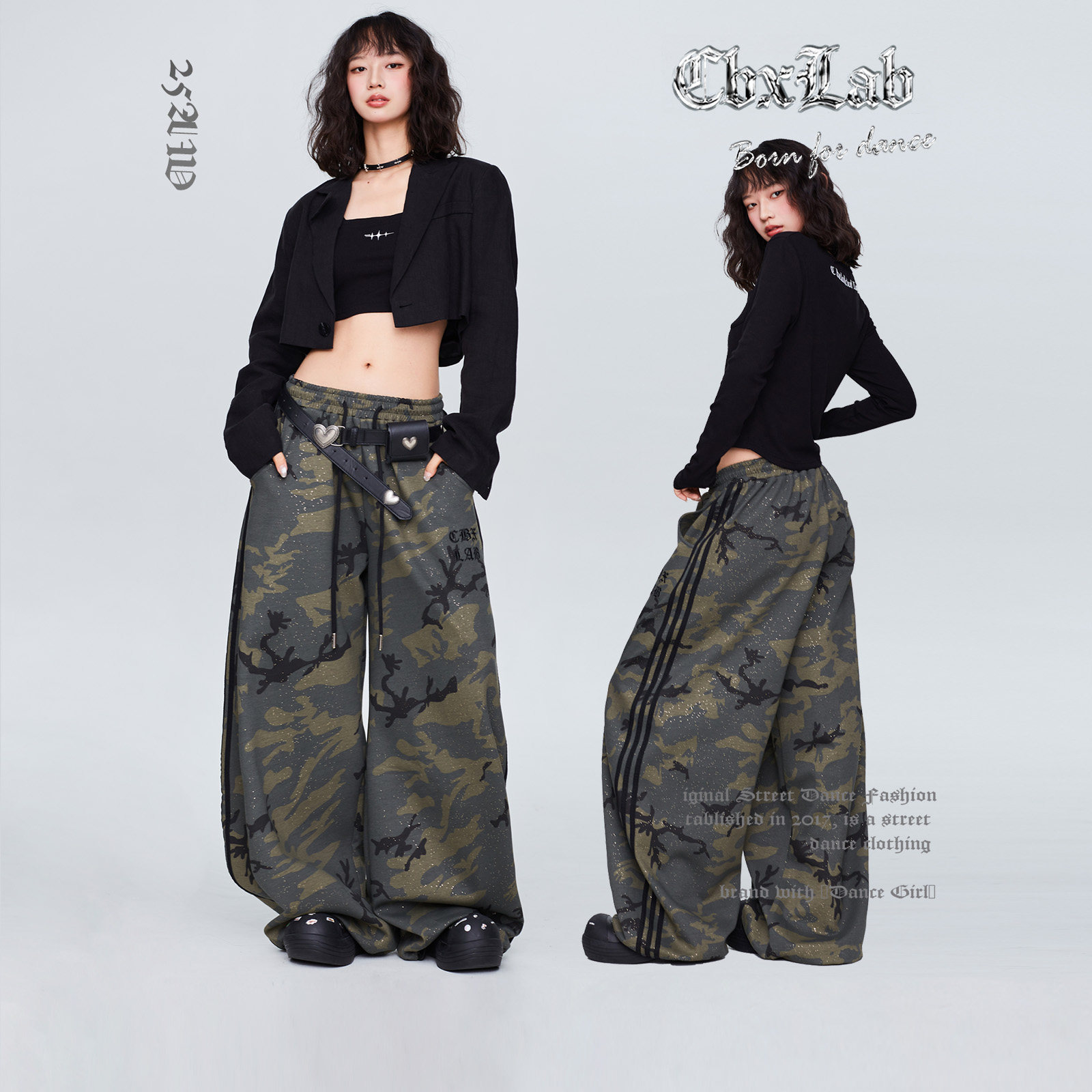 CBXLAB街舞潮牌复古亮片迷彩嘻哈个性长裤爵士辣妹跳舞户外休闲裤