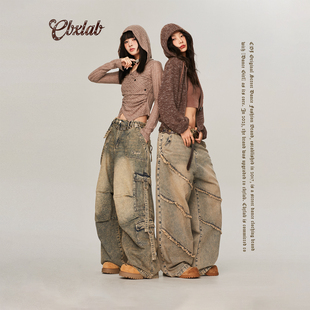 CBXLAB街舞潮牌废土做旧重工oversize牛仔长裤美式嘻哈工装长裤潮