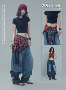 CBXLAB街舞潮牌红黑朋克格纹多穿腰搭蕾丝花边爵士跳舞欧美配饰潮