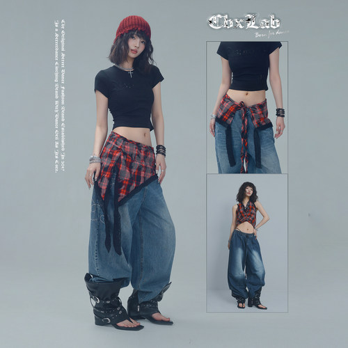 CBXLAB街舞潮牌红黑朋克格纹多穿腰搭蕾丝花边爵士跳舞欧美配饰潮