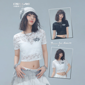 CBXLAB街舞潮牌夏季 蕾丝微透高弹辣妹短袖 透气爵士跳舞内搭上衣女