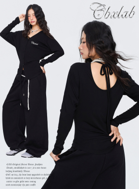 CBXLAB街舞潮牌黑色简约系绳显瘦辣妹开衫长袖爵士跳舞慵懒上衣女