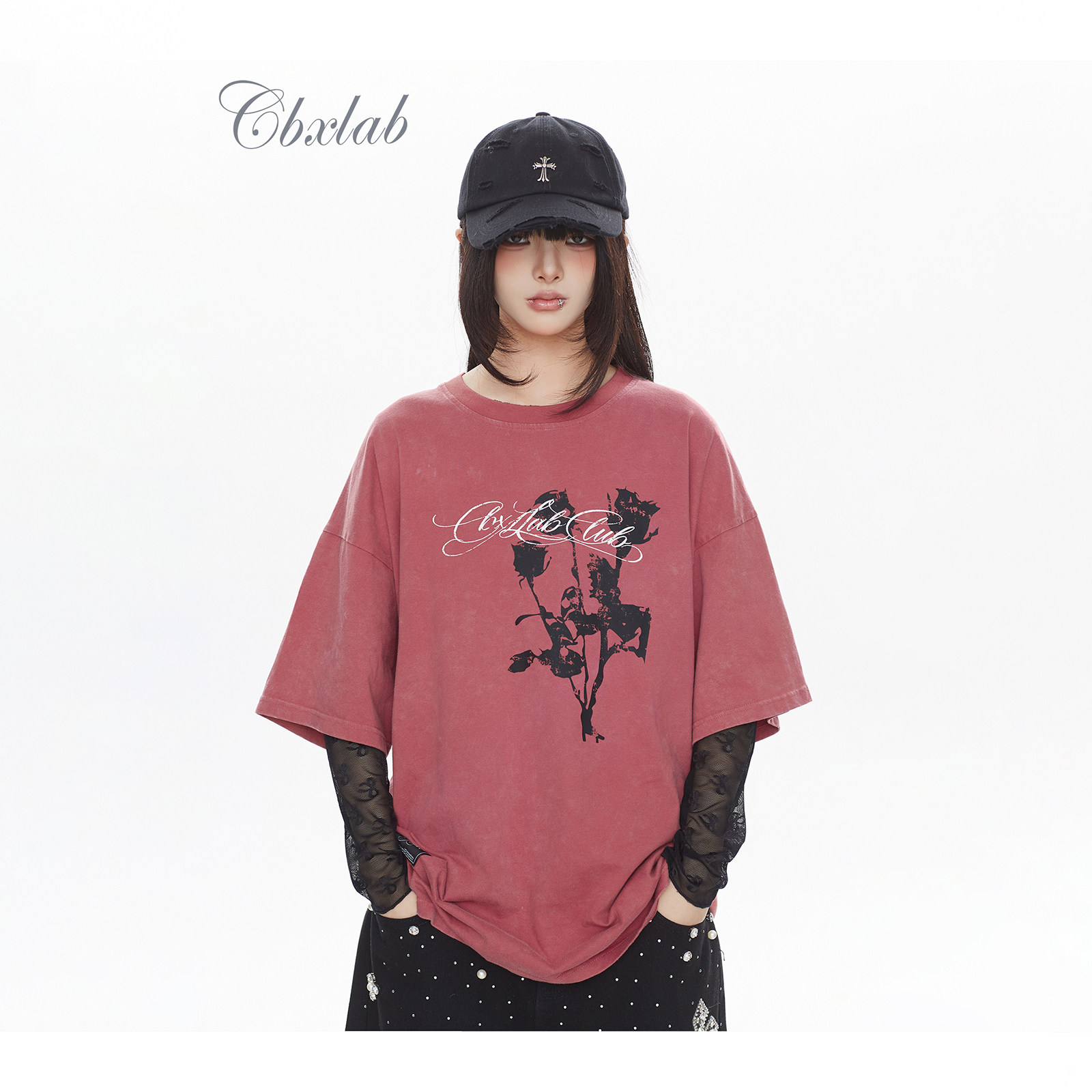 CBXLAB街舞潮牌"落日做旧粉"古着纯棉慵懒嘻哈T恤复古夏季上衣潮