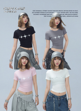 CBXLAB街舞潮牌夏季科技感星星海浪露脐短袖爵士辣妹修身上衣小衫