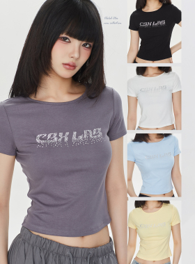 CBXLAB街舞潮星光闪耀烫钻辣妹跳舞简约小衫美式性感修身显瘦短袖