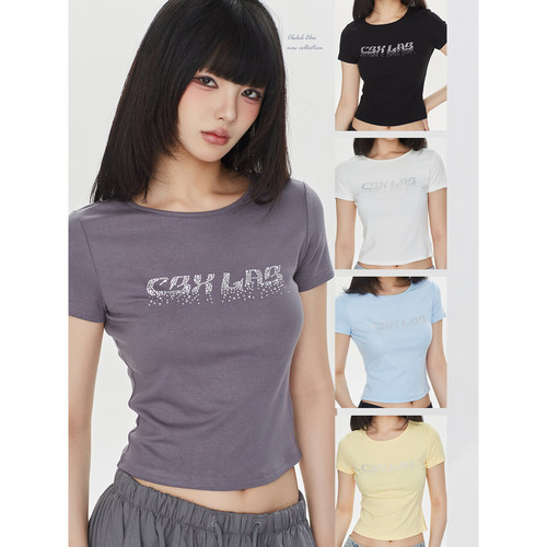 CBXLAB街舞潮星光闪耀烫钻辣妹跳舞简约小衫美式性感修身显瘦短袖