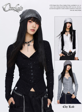 CBXLAB街舞潮牌亮片坑条肌理修身春季长袖爵士辣妹显瘦亲肤上衣女