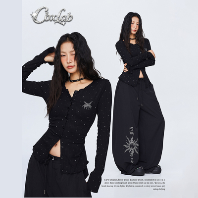 CBXLAB街舞潮牌立体闪钻星河辣妹修身长袖暗黑哥特跳舞内搭上衣