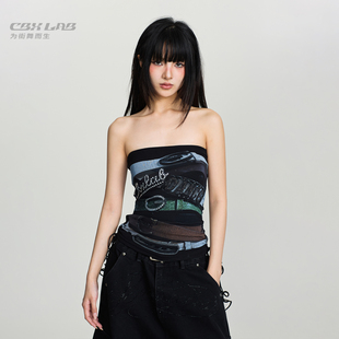CBXLAB街舞潮牌性感辣妹纯欲腰带印花抹胸百搭简约紧身爵士上衣女