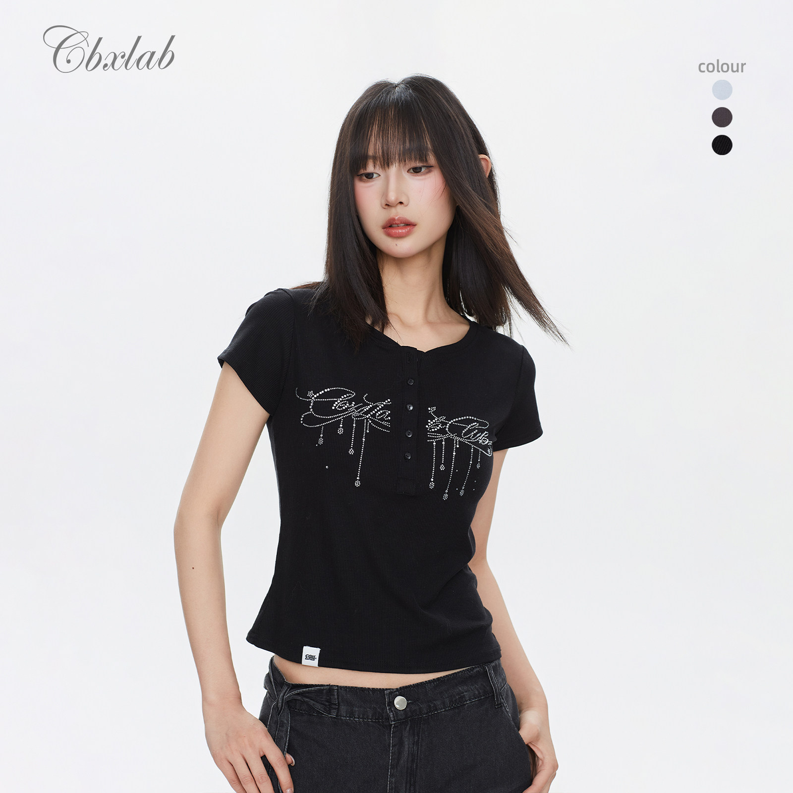 CBXLAB街舞潮牌"流苏烫钻"春夏亲肤显瘦小衫性感辣妹跳舞简约短袖