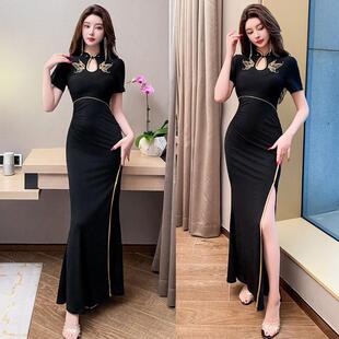 刺绣蝴蝶时尚御姐风改良版黑色长礼服茶艺师酒会礼仪小姐气质显瘦