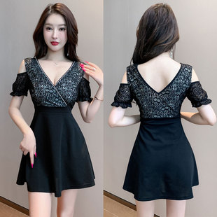 夜总会ktv性感露肩短款a字裙性感低胸时尚收腰按摩养生会所工作服