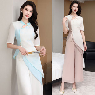 两件套桑拿馆spa会所气质工装 旗袍不规则长裤 女 复古改良版 新中式