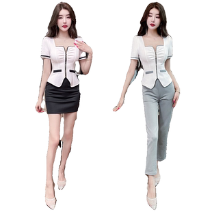 性感拉链上衣款裙裤套装夏季新款方领桑拿洗浴中心收腰设计感工装