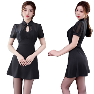 中式旗袍改良版蕾丝裹胸修身低领连衣裙气质显身材养生采耳工作服