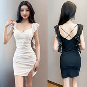 后背交叉性感漏胸小开叉短款 包臀裙spa养生馆气质显身材遮肚ktv女