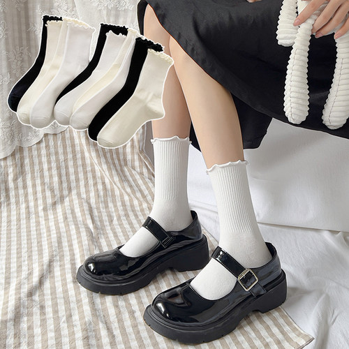 木耳边袜子女中筒袜纯棉花边