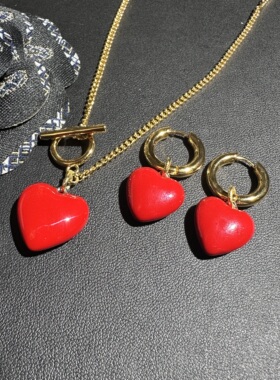 包邮黄铜新款红色滴油爱心耳环吊坠项链女轻奢风高级感百搭锁骨链