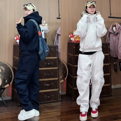 冬季加绒加厚连帽卫衣两件套