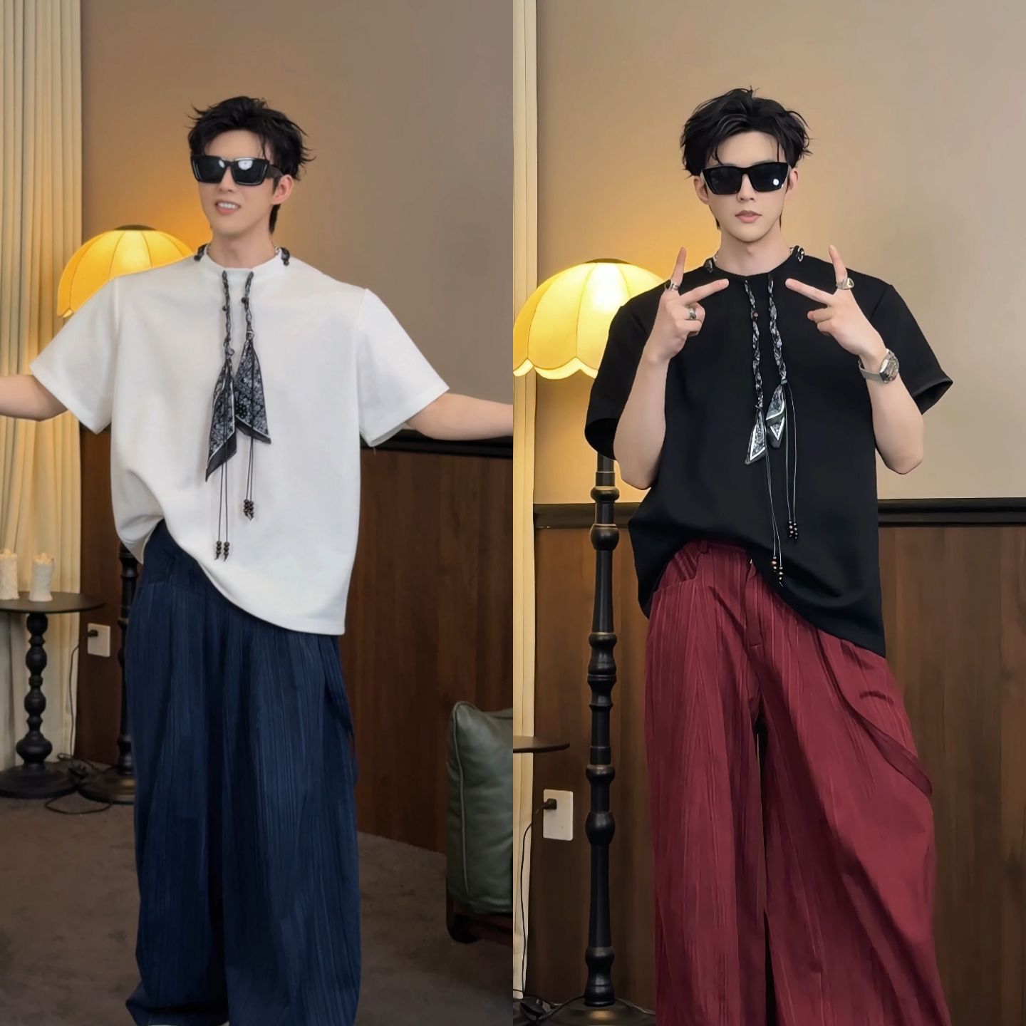 春季新款设计感丝巾装饰短袖T恤男士痞帅潮流个性百搭款圆领上衣