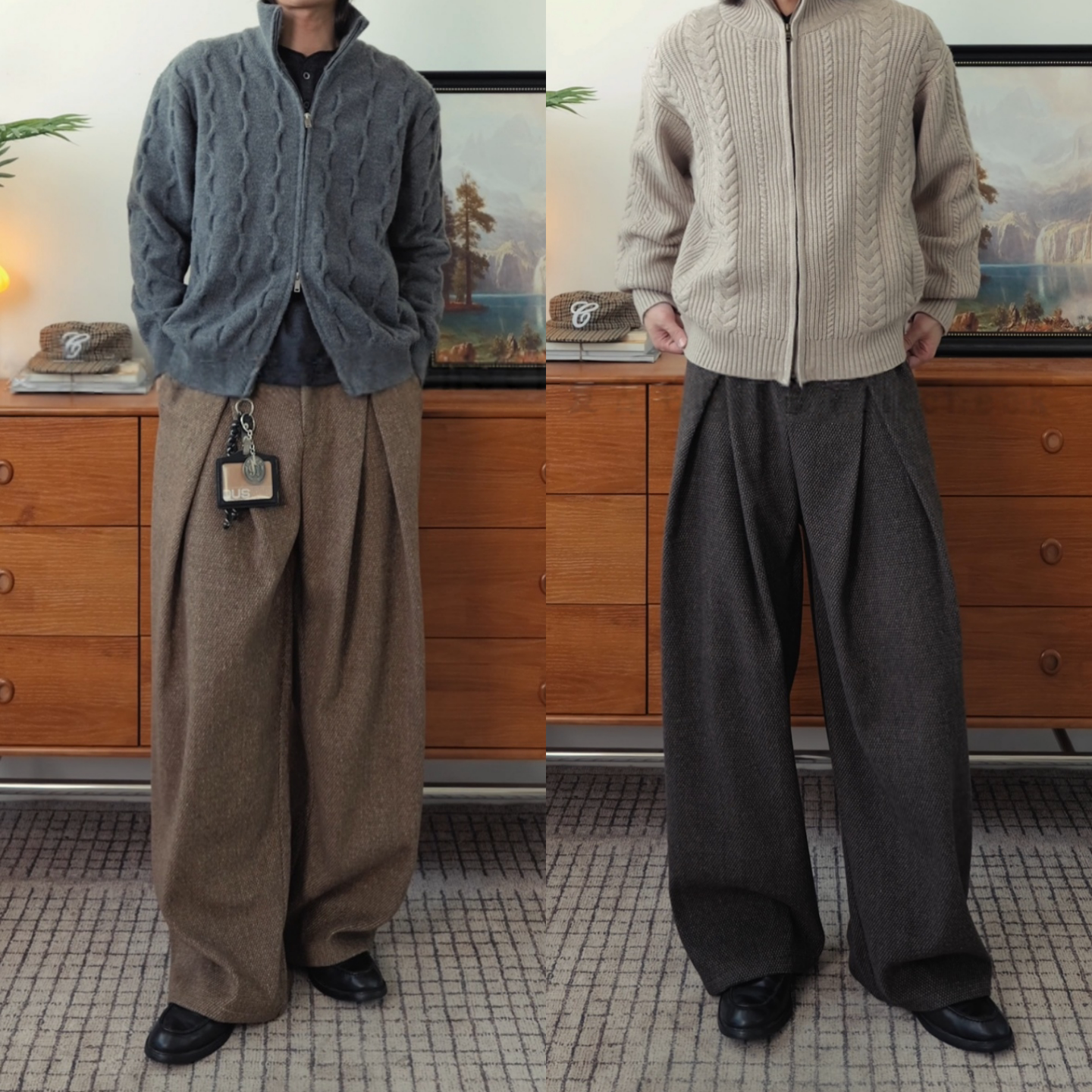 老钱风打褶直筒裤男女同款冬季加厚oversize复古休闲裤时尚阔腿裤