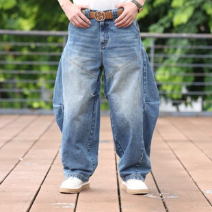 秋季韩版时尚高街复古设计感百搭潮流做旧弯刀宽松阔腿水洗牛仔裤