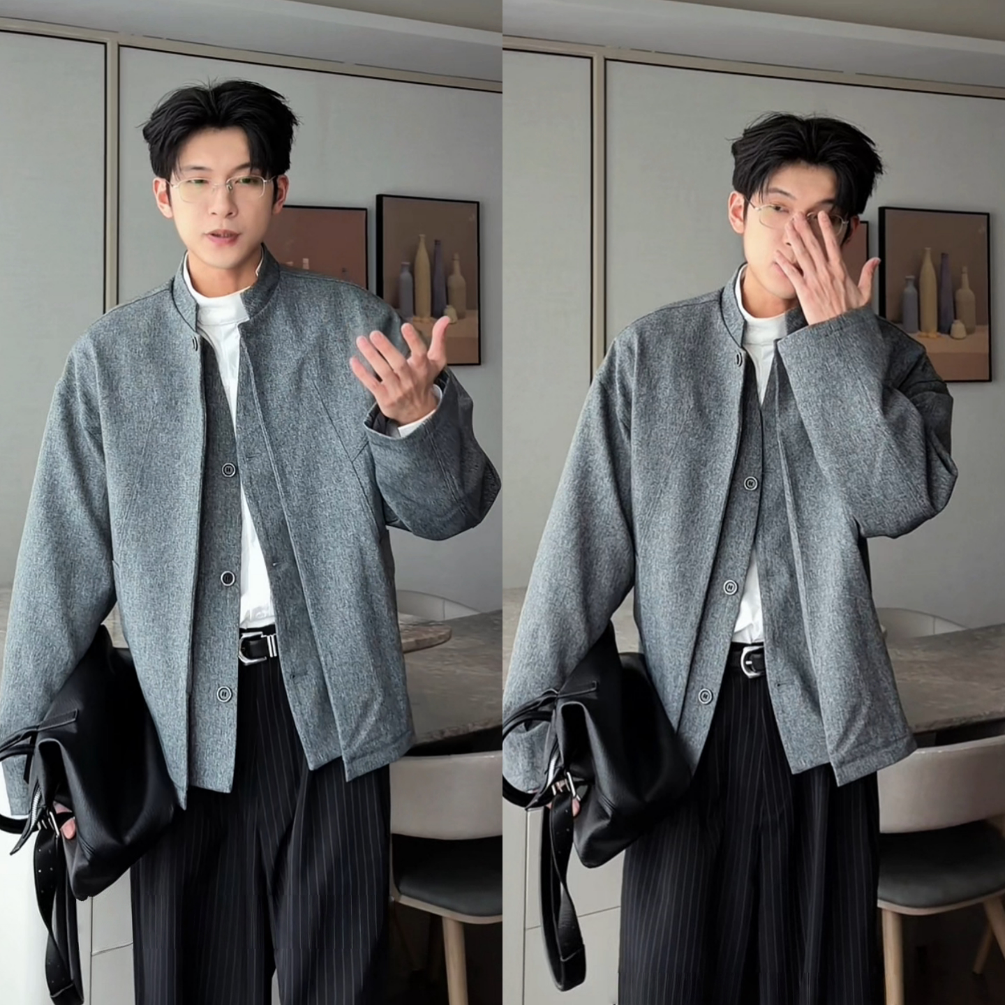 2026年春季新款休闲风立领假两件夹克男士简约潮流宽松外套高级感