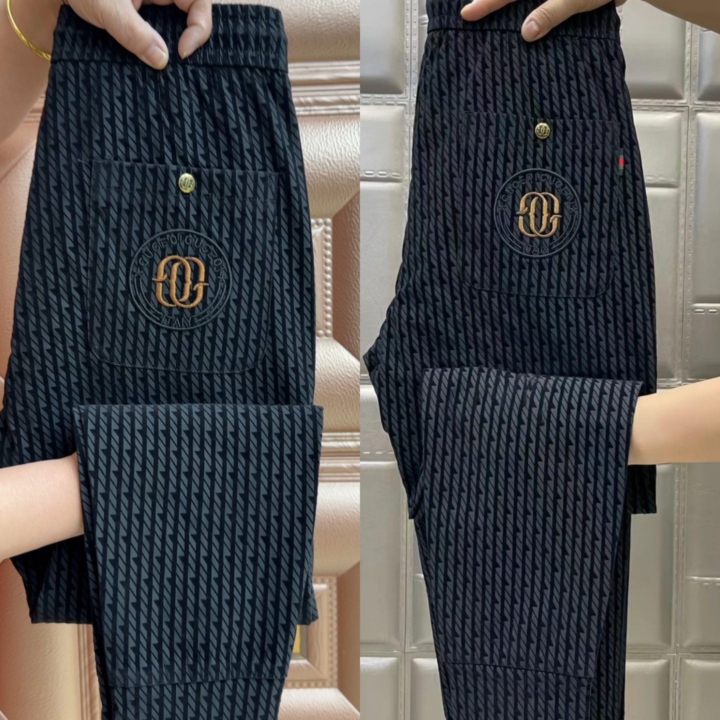 2026年春季新款条纹休闲裤男士黑色金属装饰长裤修身舒适潮流百搭