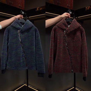 轻奢连帽斜拉链卫衣男士2025冬季新款撞色条纹休闲潮流男装高级感