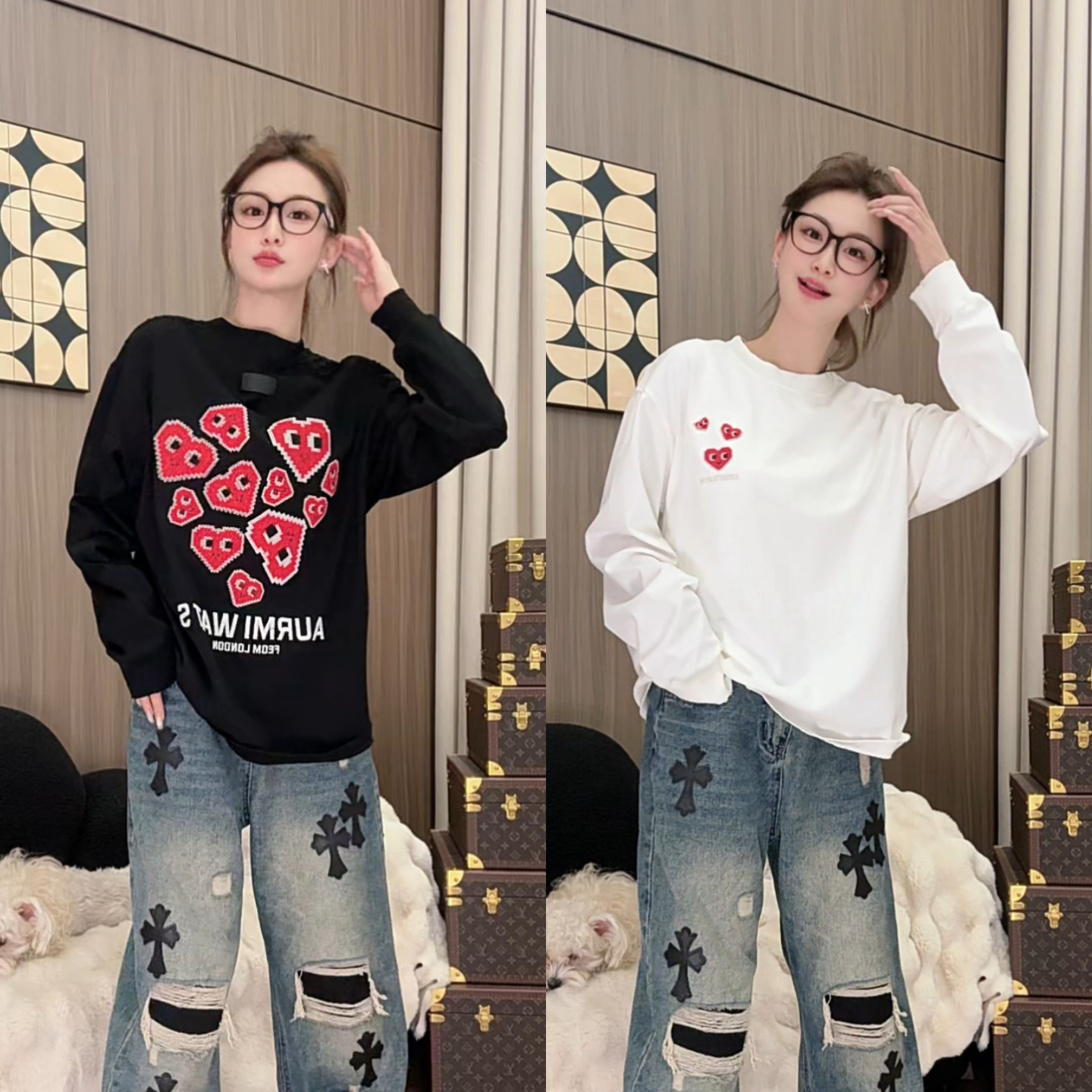 韩系像素爱心印花男士圆领卫衣冬季上新青年潮牌穿搭休闲打底T恤