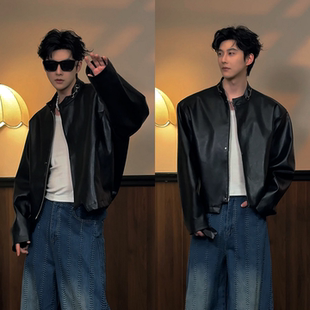 潮流百搭款 春季 复古立领机车夹克男士 美式 廓形皮衣外套高级感 新款