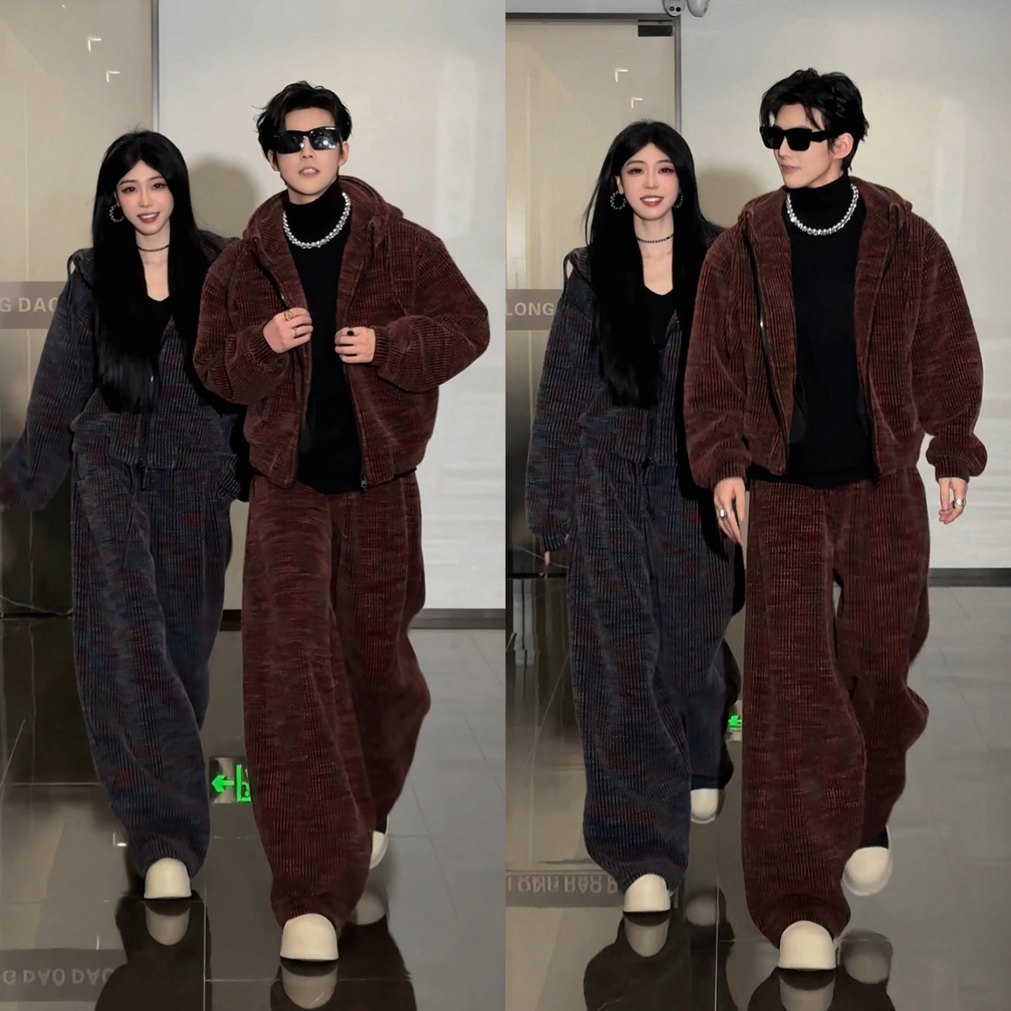 男士冬季新款加厚绒面拉链连帽卫衣套装酷帅时尚高级感一整套潮牌