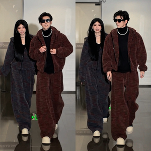 男士冬季新款加厚绒面拉链连帽卫衣套装酷帅时尚高级感一整套潮牌