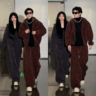 男士冬季新款加厚绒面拉链连帽卫衣套装酷帅时尚高级感一整套潮牌