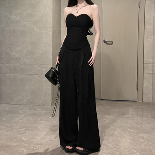 辣妹套装女春夏2026新款高级感黑色抹胸阔腿裤高腰显瘦休闲西装裤