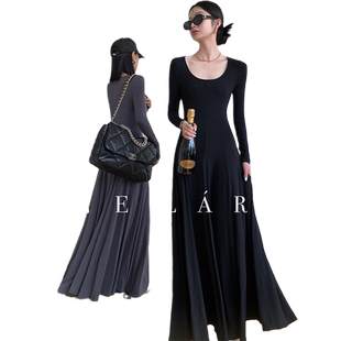 莫代尔拖地连衣裙女春秋2026新款高级感超长款气质大摆裙百褶长裙