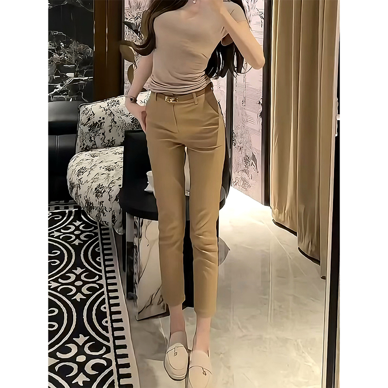 西装裤女夏季薄款卡其色裤子小脚铅笔裤高腰显瘦烟管裤休闲九分裤