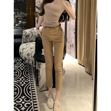 西装裤女夏季薄款卡其色裤子小脚铅笔裤高腰显瘦烟管裤休闲九分裤