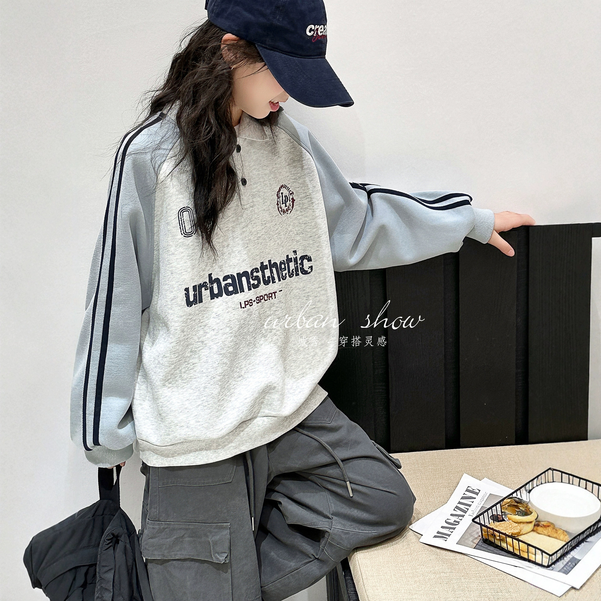 女童秋装POLO领卫衣2025新款洋气秋季儿童长袖大童春秋款连帽上衣