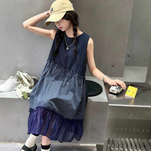 女童连衣裙夏季2026新款儿童洋气时髦夏装女大童无袖拼接背心裙子