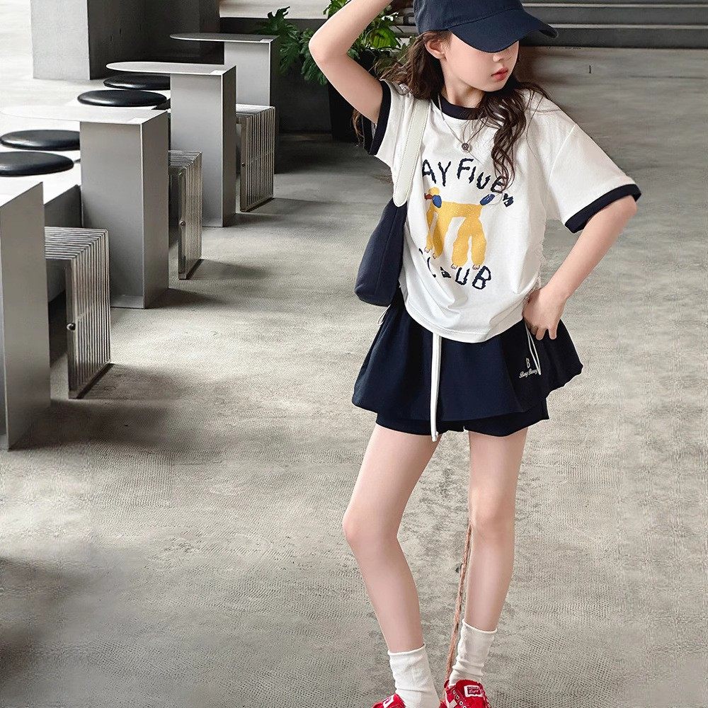女童夏装套装2026新款儿童时髦洋气夏季中大童短袖T恤裙裤两件套图片