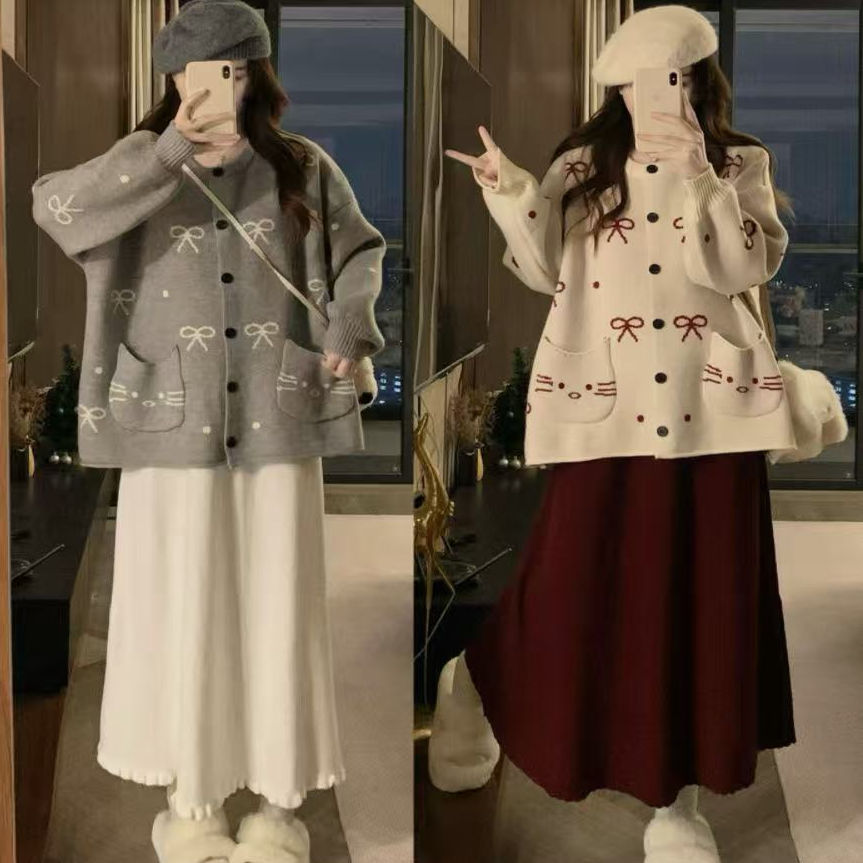 小个子慵懒蝴蝶结针织开衫两件套