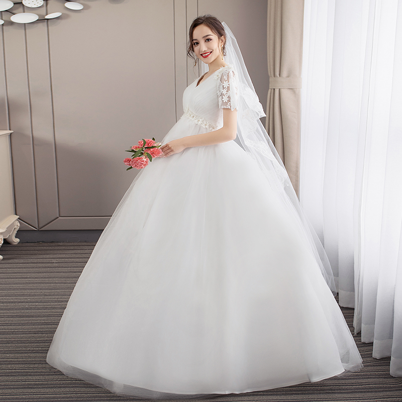 孕妇婚纱新款v领高腰遮孕肚大码显瘦胖mm齐地新娘结婚礼服秋