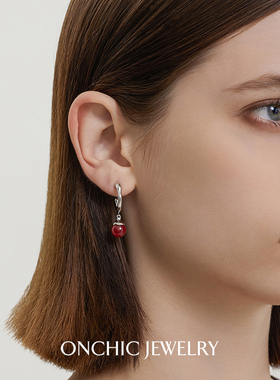 周也同款OnchicOR系列盈望耳环女红玛瑙耳钉素耳圈小众设计高级感