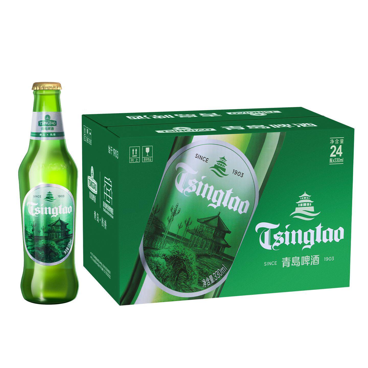 青岛啤酒一厂风光纪念瓶绿色栈桥小瓶330ml*24瓶/箱青岛发货
