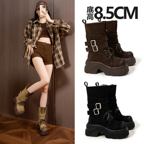 厚底增高马丁靴女中筒机车骑士靴